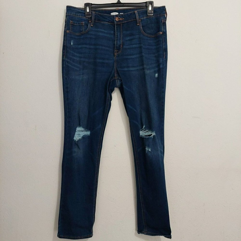 Old Navy Straight Leg Jeans Women's 14‎ Reg Medium Wash Blue Mid Rise Distressed